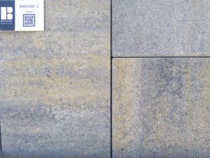 Belgard Dimensions 12 Victorian textured concrete pavers in gray and yellow shades.